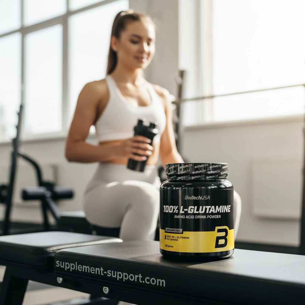 BioTech USA 100% L-Glutamin Aminosäure Pulver auf Trainingsbank im Fitnessstudio mit Sportlerin im Hintergrund