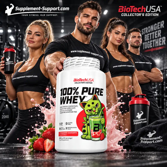 BioTech USA 100% Pure Whey Protein 900g in Strawberry Margarita mit Sportlern im Hintergrund.