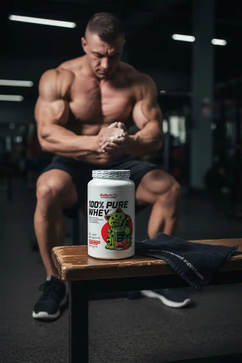 100% Pure Whey Protein von BioTechUSA im Fitnessstudio, ideal für Muskelaufbau und Sportler