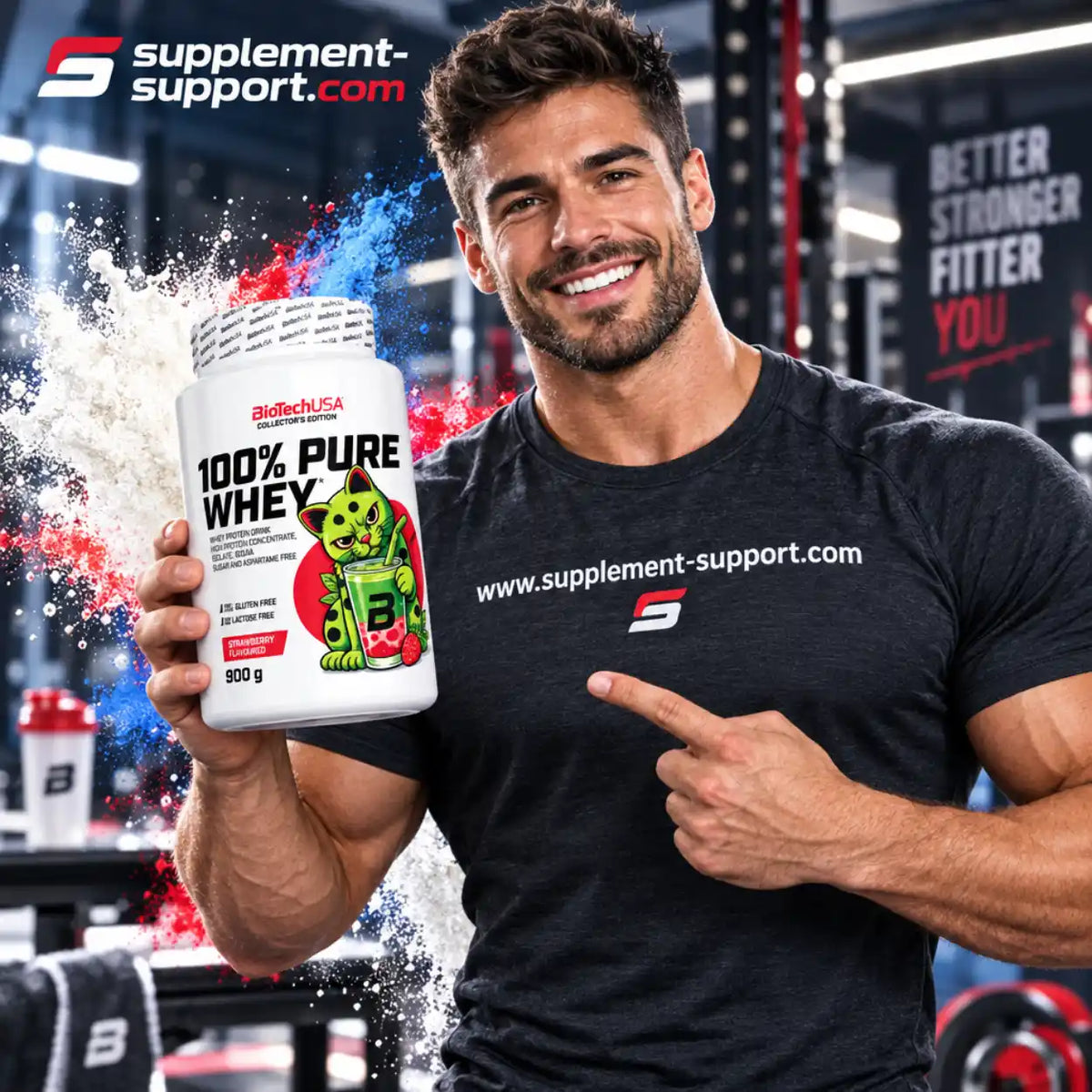 Muskulöser Mann hält BioTech USA 100% Pure Whey Protein 900g im Fitnessstudio.