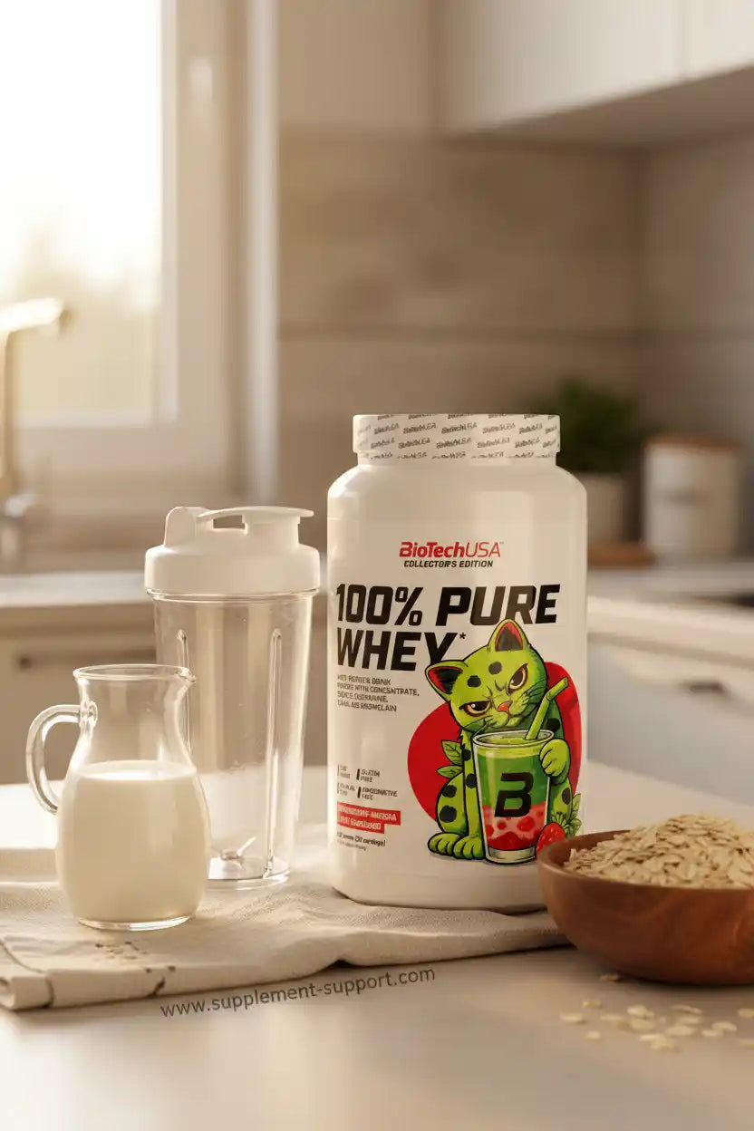 BioTechUSA 100% Pure Whey Protein mit Shaker, Milch und Haferflocken – ideal für Sportler und Fitness