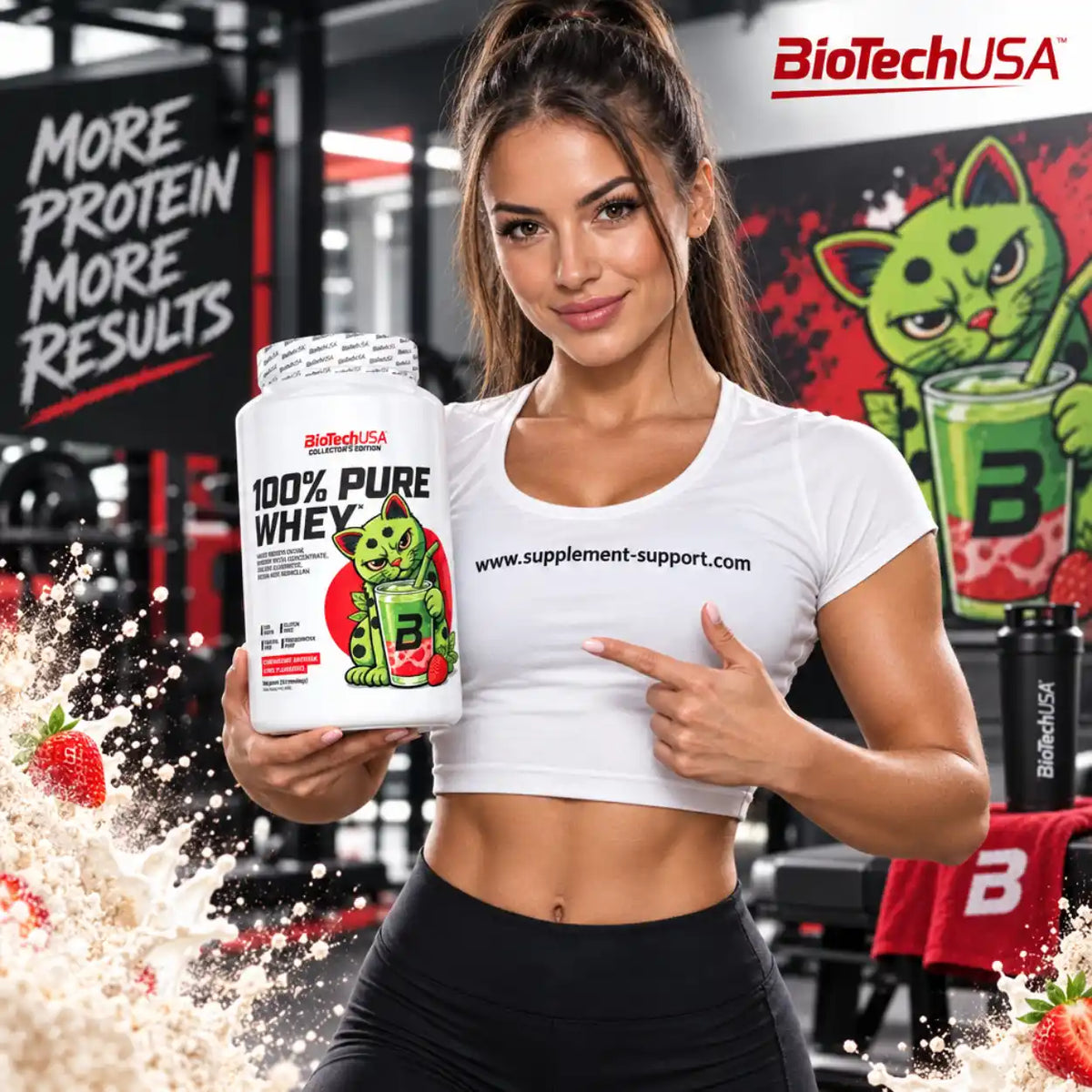 Frau im Fitnessstudio mit BioTech USA 100% Pure Whey Protein Dose
