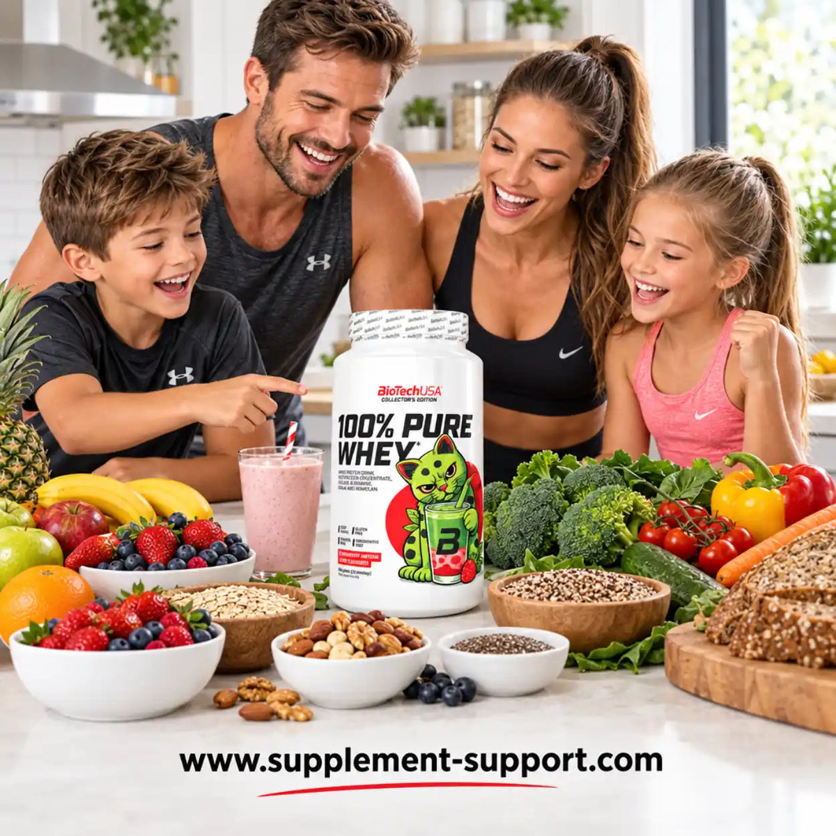 Glückliche Familie mit BioTech USA 100% Pure Whey Protein und gesunden Lebensmitteln.