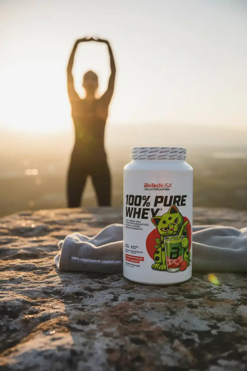 BioTechUSA 100% Pure Whey Protein mit grüner Katze, ideal für Fitness und Sportler