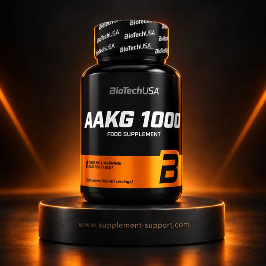 BioTech USA AAKG 1000 Nahrungsergänzungsmittel Tabletten Dose auf dunklem Hintergrund
