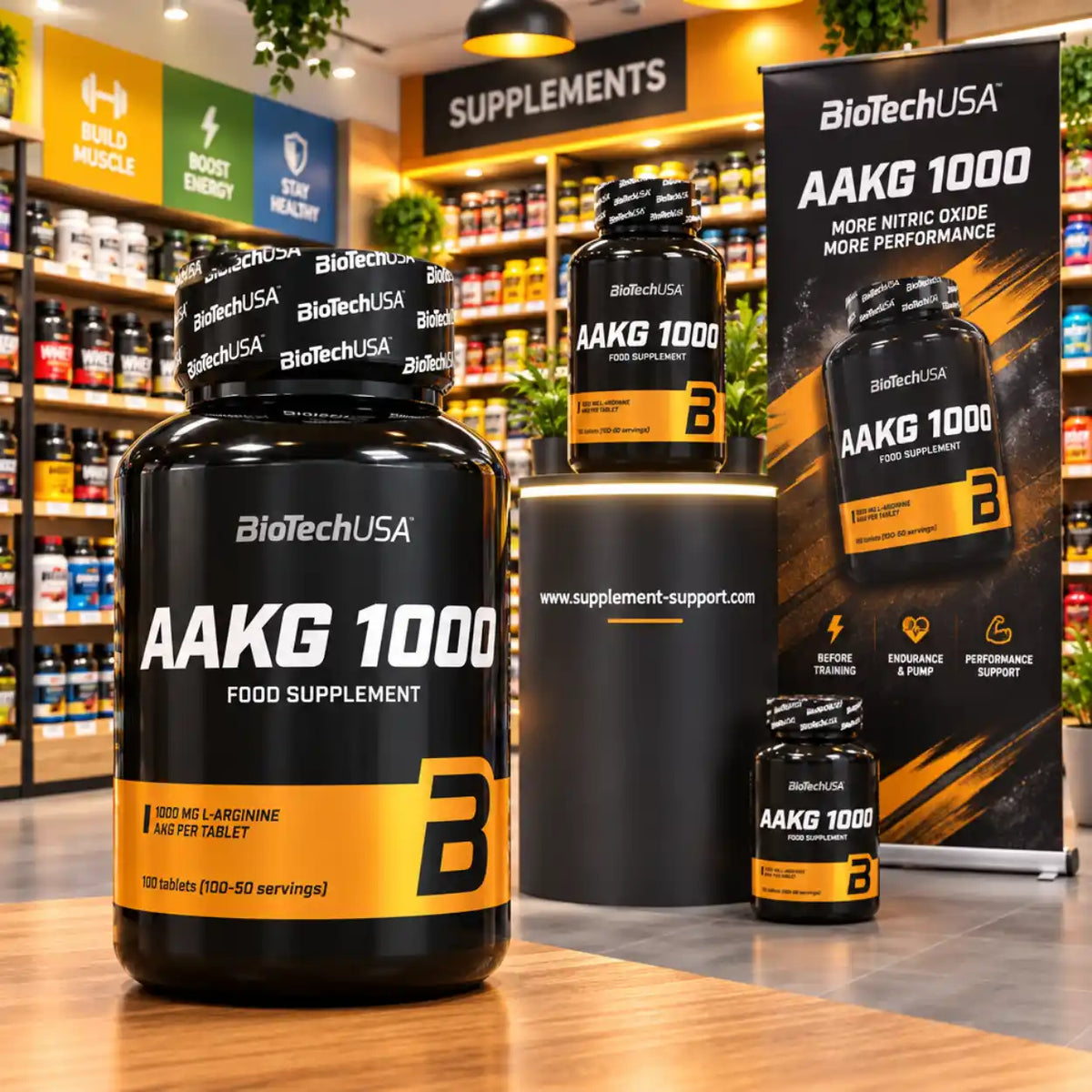 BioTech USA AAKG 1000 Nahrungsergänzungsmittel Tabletten in einem Supplement-Shop
