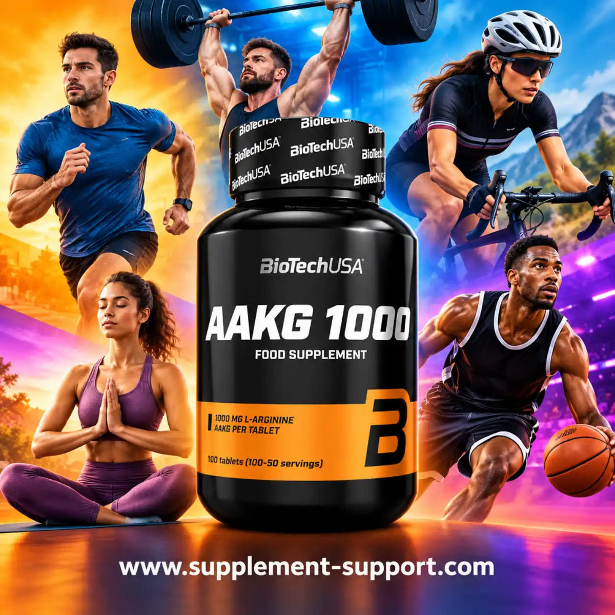 BioTech USA AAKG 1000 Nahrungsergänzungsmittel Dose vor Sportlern verschiedener Disziplinen