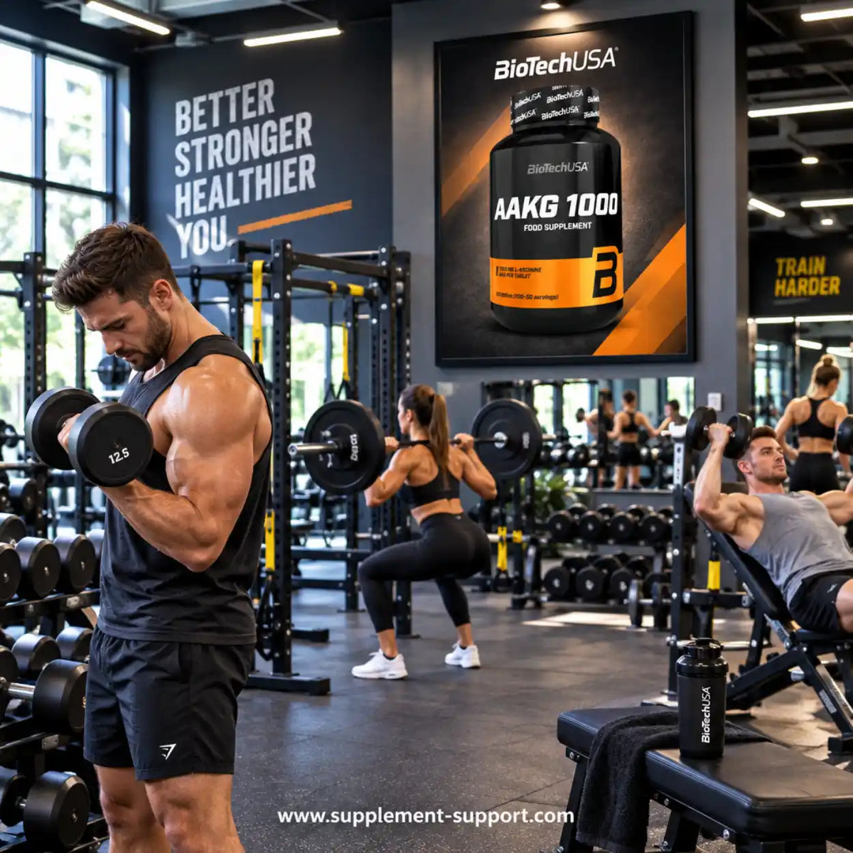 Muskulöser Mann beim Kurzhanteltraining im Fitnessstudio mit BioTech USA AAKG Werbung.