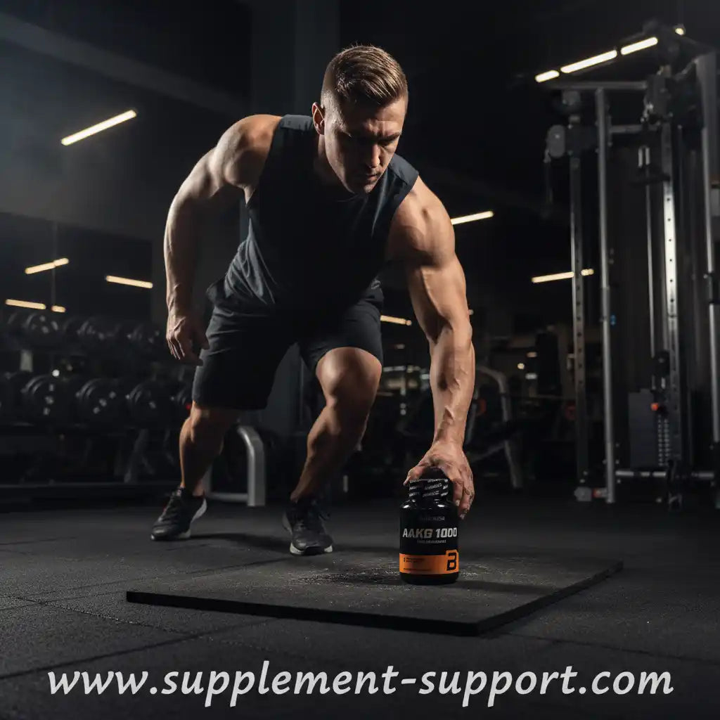 Muskulöser Athlet mit AAKG 1000 Supplement im Fitnessstudio, ideal für Krafttraining und Sportnahrung