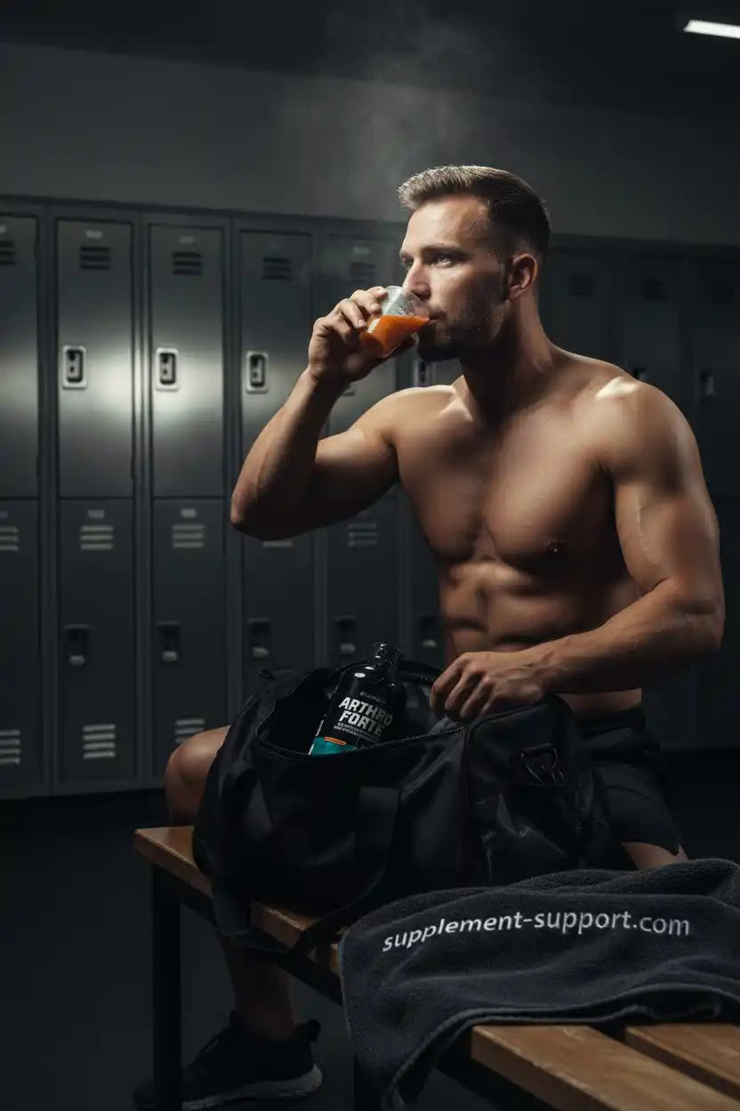 Muskulöser Mann trinkt Proteinshake im Fitnessstudio, Sportnahrung & Nahrungsergänzung für Athleten