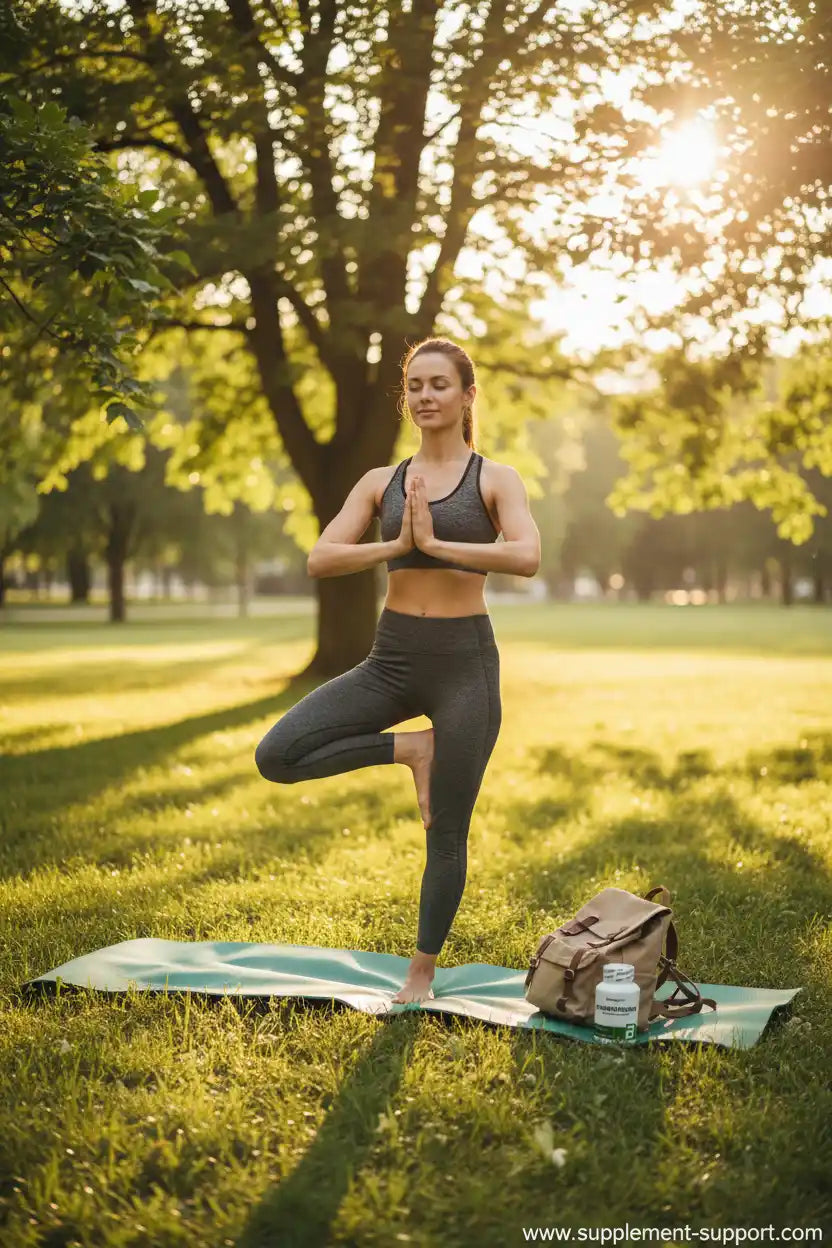 Frau beim Yoga im Park auf einer Matte bei Sonnenuntergang