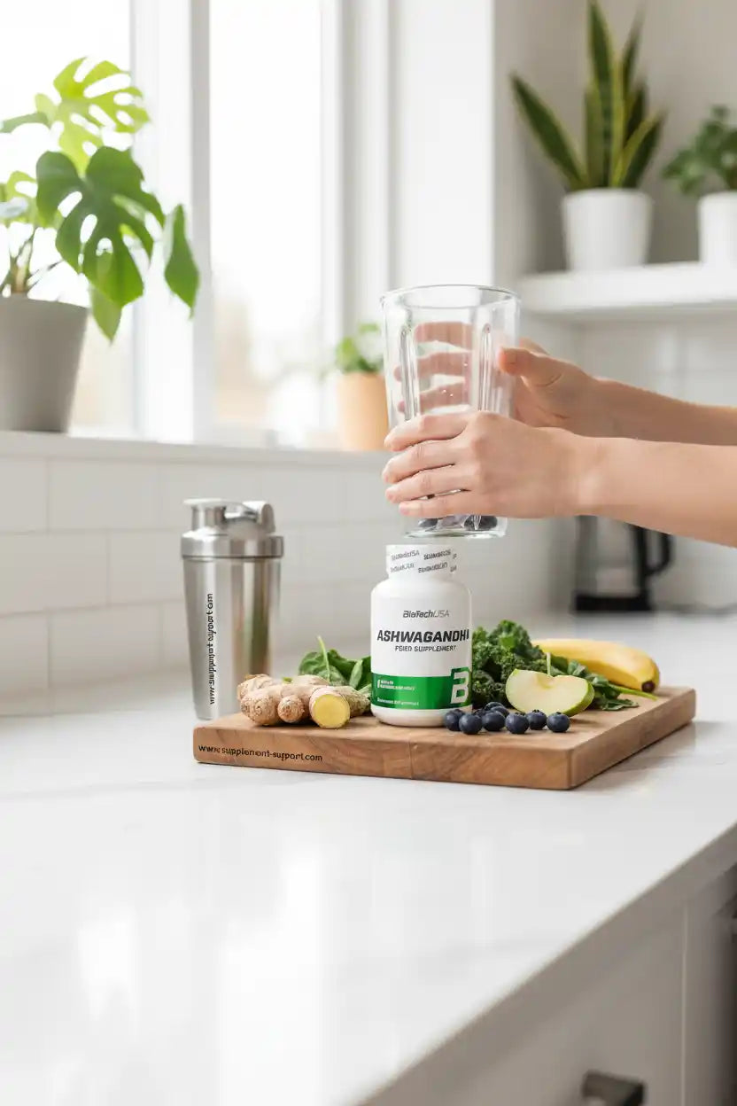 Ashwagandha Nahrungsergänzungsmittel mit Smoothie-Zubereitung, Banane, Blaubeeren und Ingwer in moderner Küche