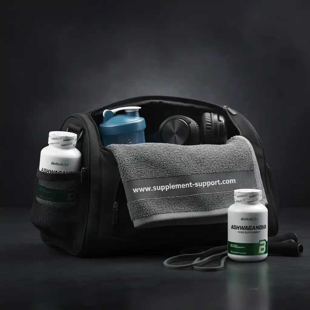 Ashwagandha-Flasche, Sporttasche mit Shaker und Handtuch für Fitness und Sportnahrung