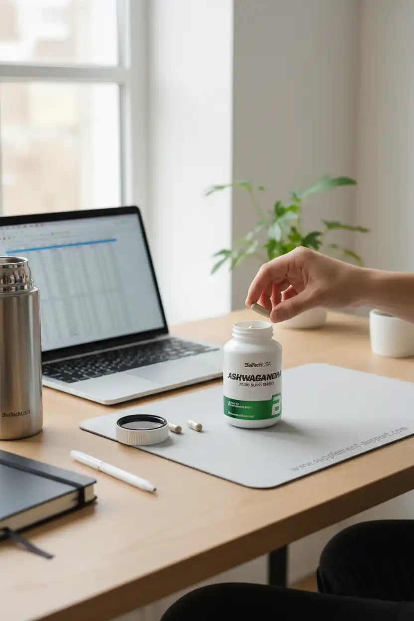 Ashwagandha Kapseln von BioTechUSA auf Schreibtisch neben Laptop und Trinkflasche, Nahrungsergänzung für Sportler