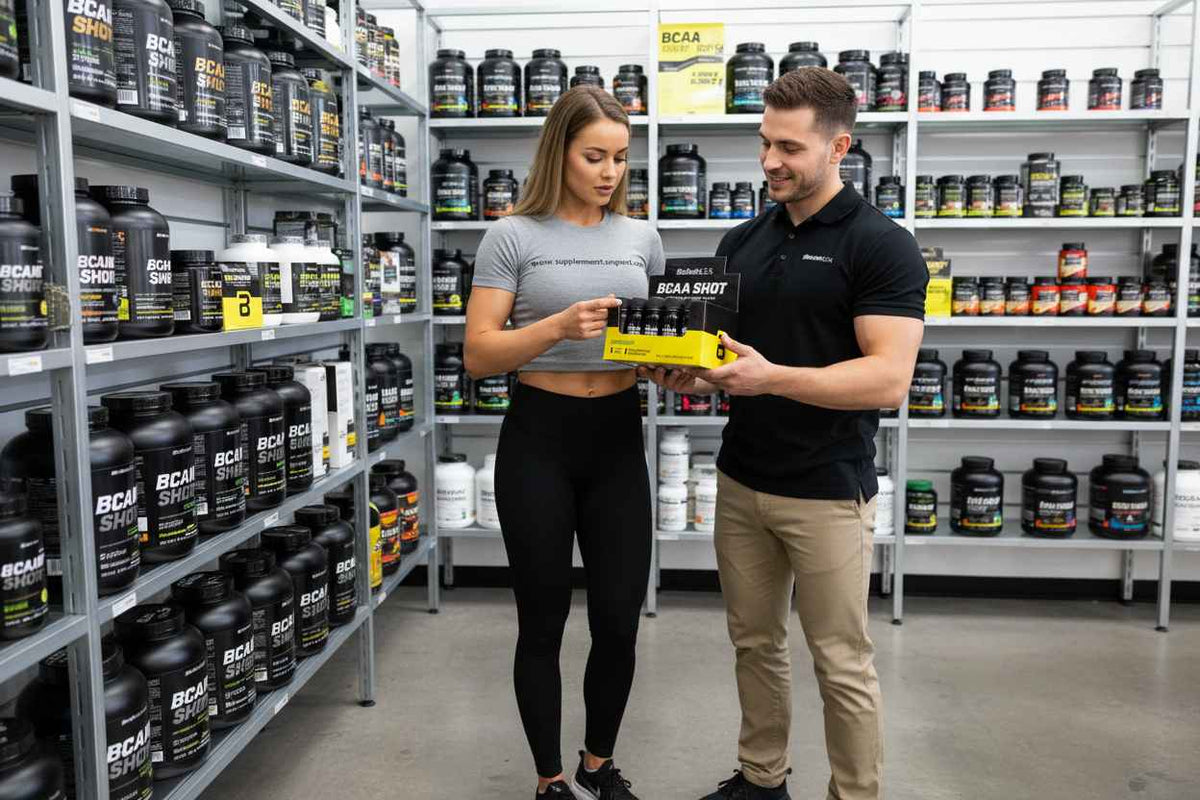 Mann und Frau betrachten BCAA Shots in Sportnahrungsladen mit Regalen voller Ergänzungsmittel