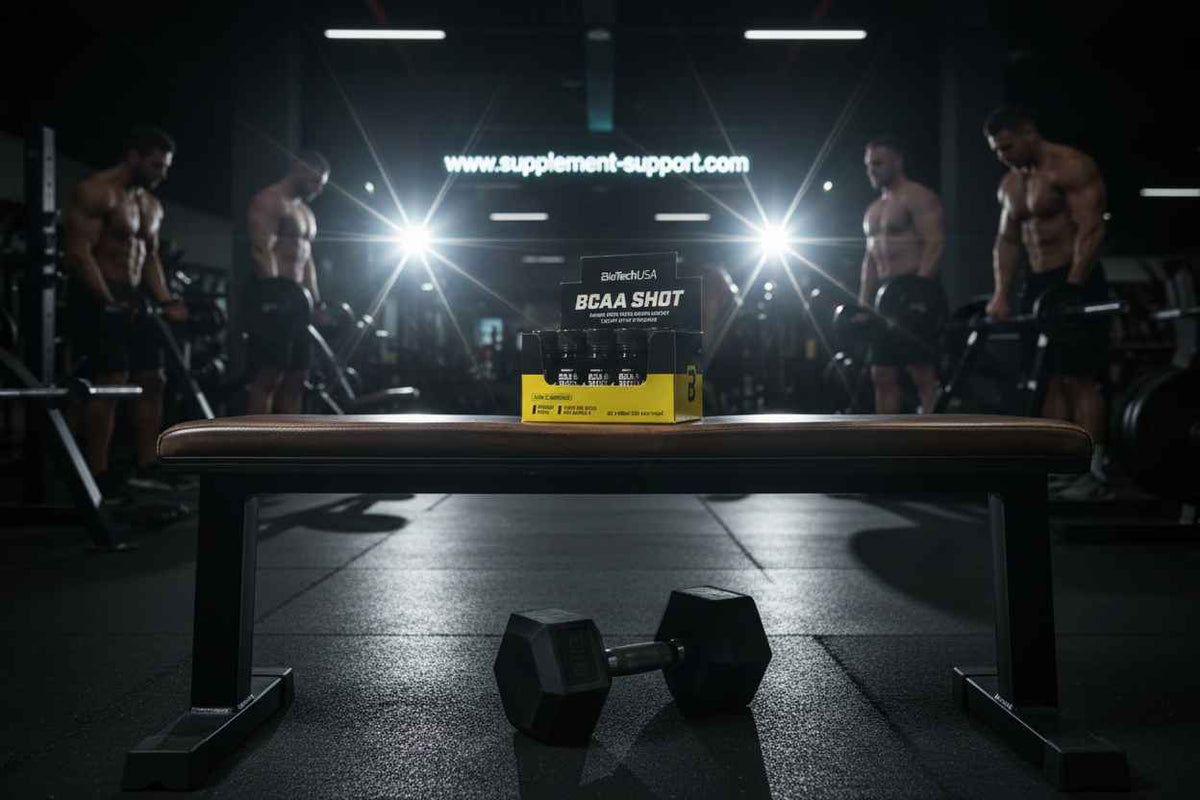 BCAA Shot von BioTechUSA auf Bank im Fitnessstudio mit Trainierenden im Hintergrund