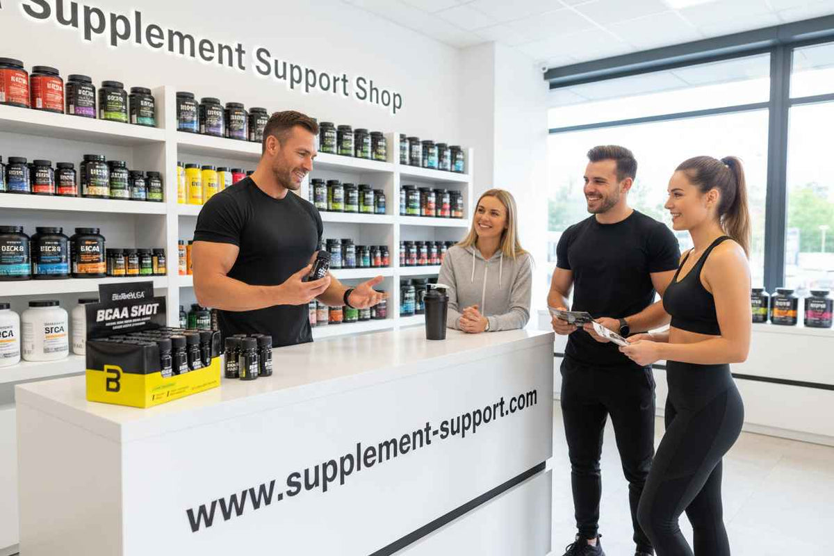 Muskulöser Verkäufer berät Kunden im Supplement-Support-Shop mit Sportnahrung und BCAA-Shots