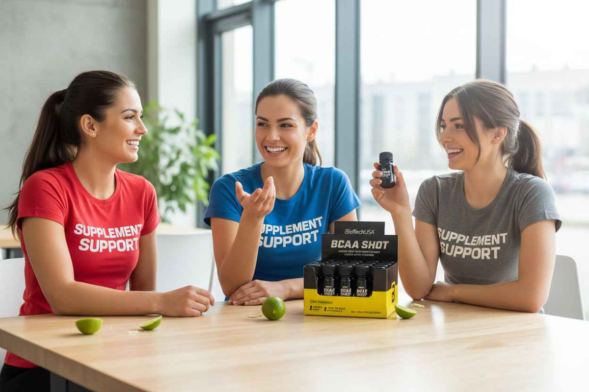 Drei Frauen mit BCAA Shots und Supplement Support Shirts beim gemeinsamen Training
