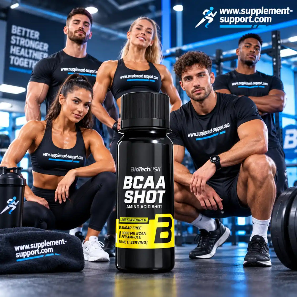 BioTech USA BCAA Shot 60ml vor muskulösen Sportlern im Fitnessstudio