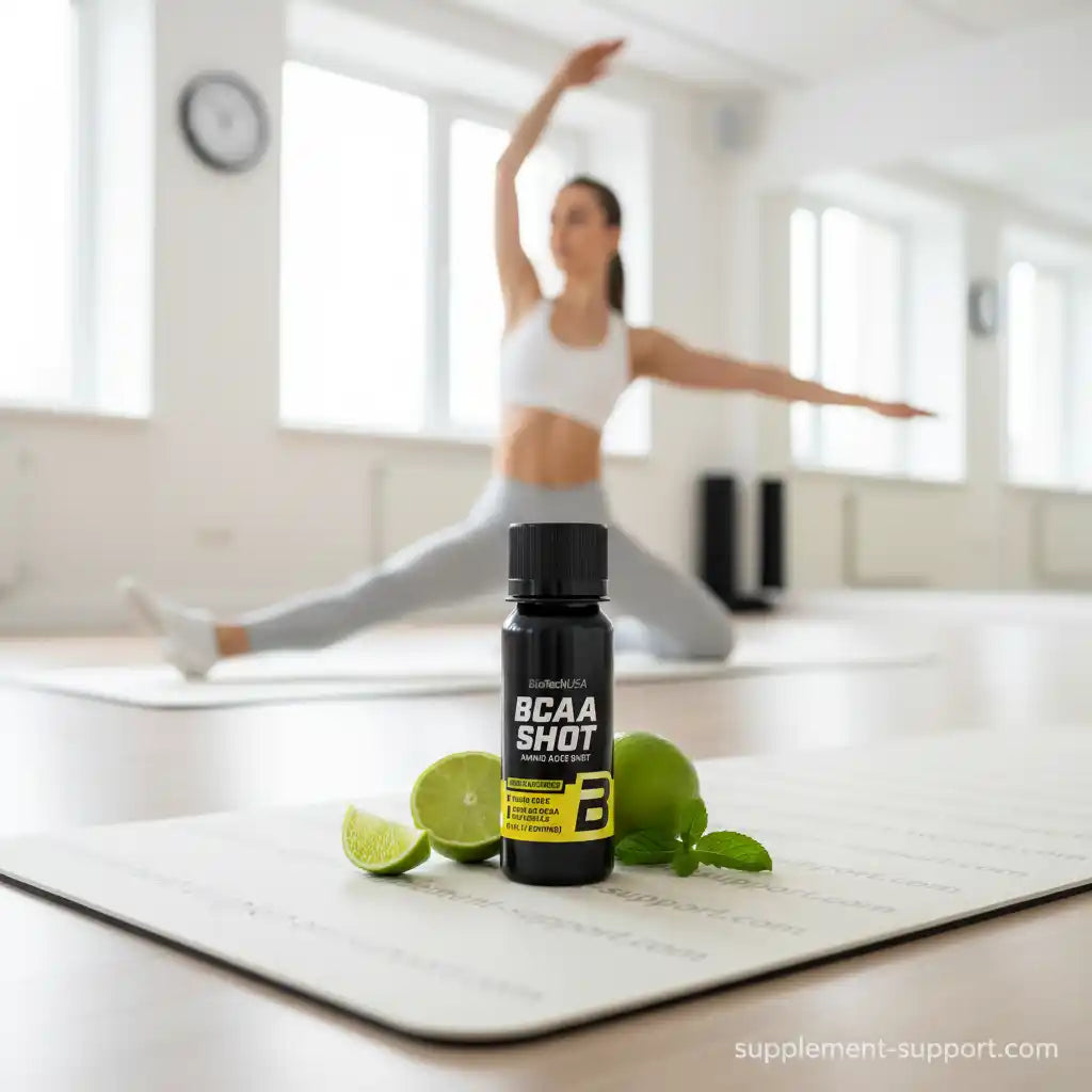 BCAA Shot vor Yoga-Matte mit Zitrone und Minze, ideal für Fitness und Sportler