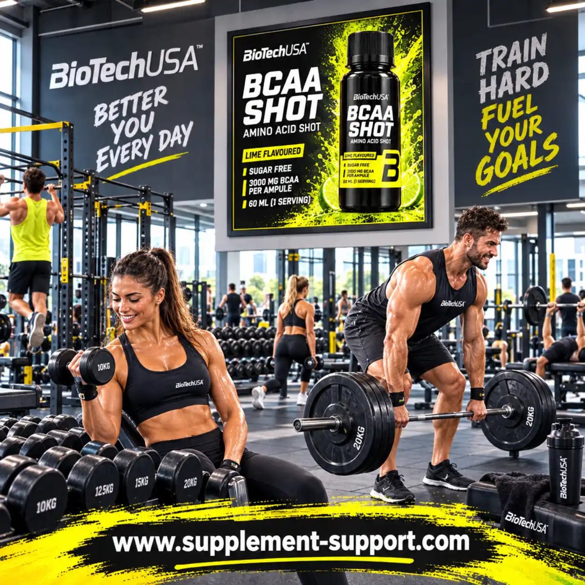 BioTech USA BCAA Shot Limette in einem Fitnessstudio mit Sportlern beim Training.