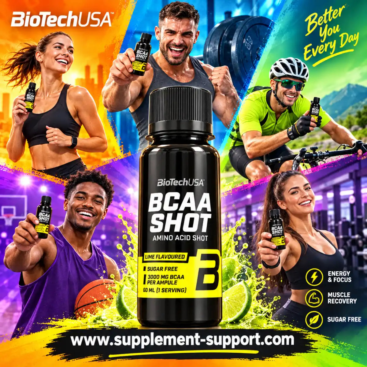 BioTech USA BCAA Shot 60ml Limette für Sportler zur Muskelregeneration.