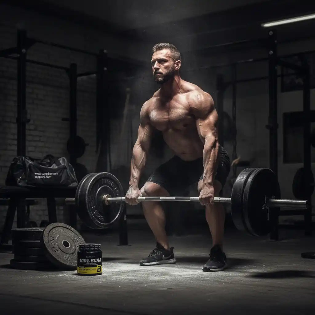 Muskulöser Mann beim Gewichtheben mit ECAA-Supplement im Fitnessstudio