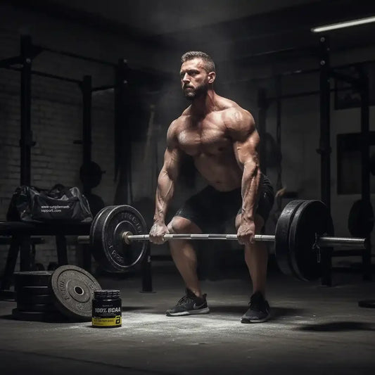 Muskulöser Mann beim Kreuzheben im Fitnessstudio mit BioTech USA BCAA Pulver im Vordergrund.