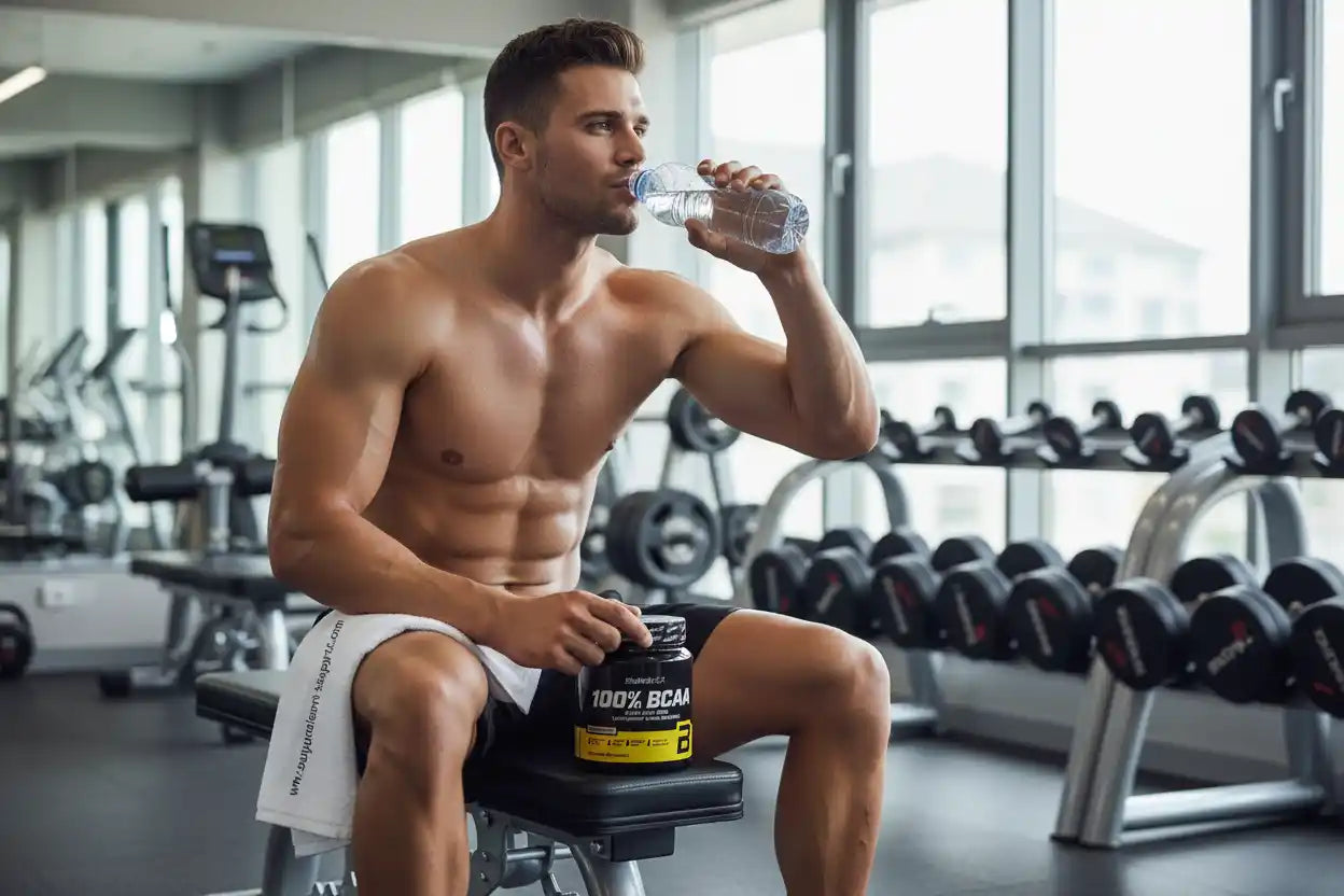Muskulöser Mann trinkt Wasser im Fitnessstudio neben BCAA-Flasche, ideal für Sportler und Fitness