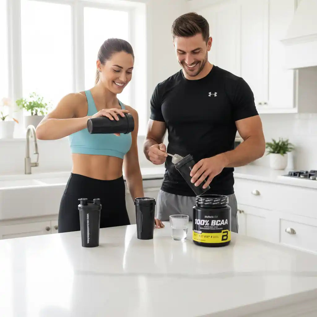 Paar bereitet BCAA-Sportnahrung in moderner Küche zu – ideal für Fitness und Training