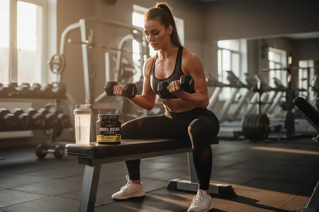 Frau trainiert mit Hanteln im Fitnessstudio, BCAA-Produkt daneben