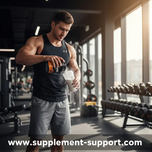 Muskulöser Mann gießt Proteinpulver in Shaker im Fitnessstudio – Sportnahrung & Nahrungsergänzung