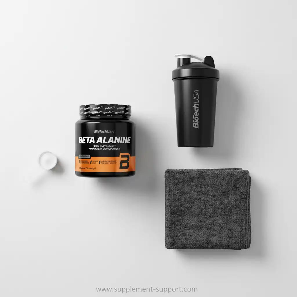 Beta Alanin Aminosäure Pulver, Shaker und Handtuch für Sportler