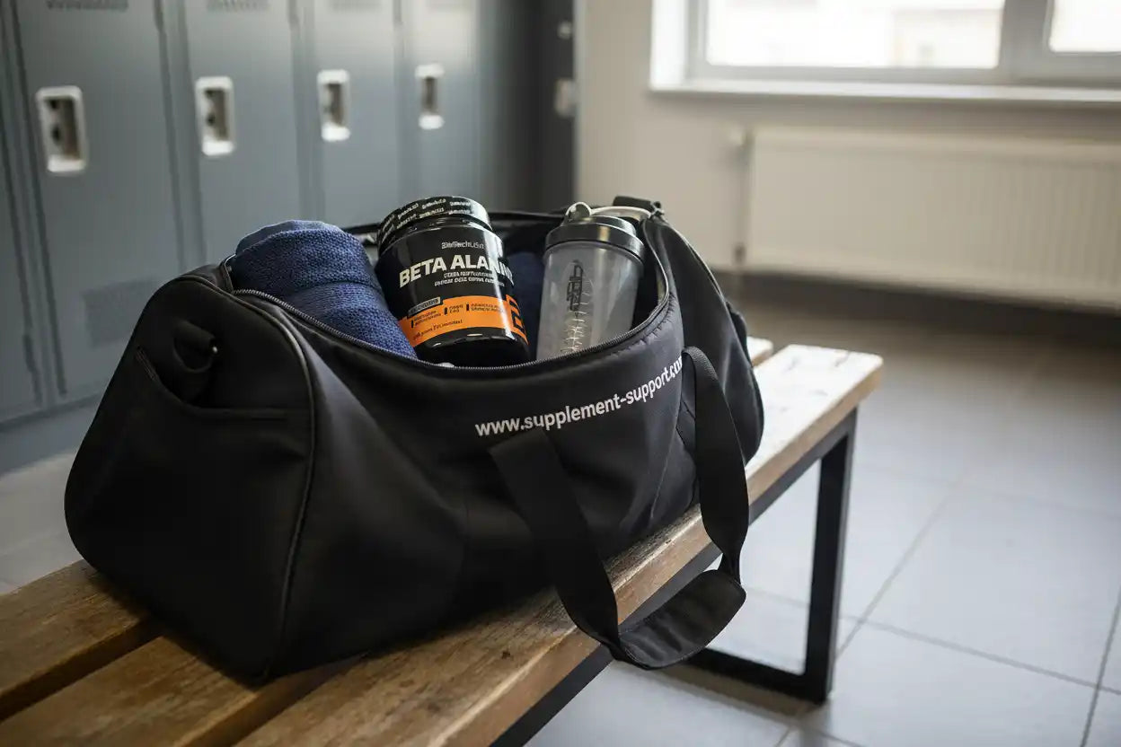 Schwarze Sporttasche mit Beta Alanin und Shaker auf Holzbank im Fitnessstudio