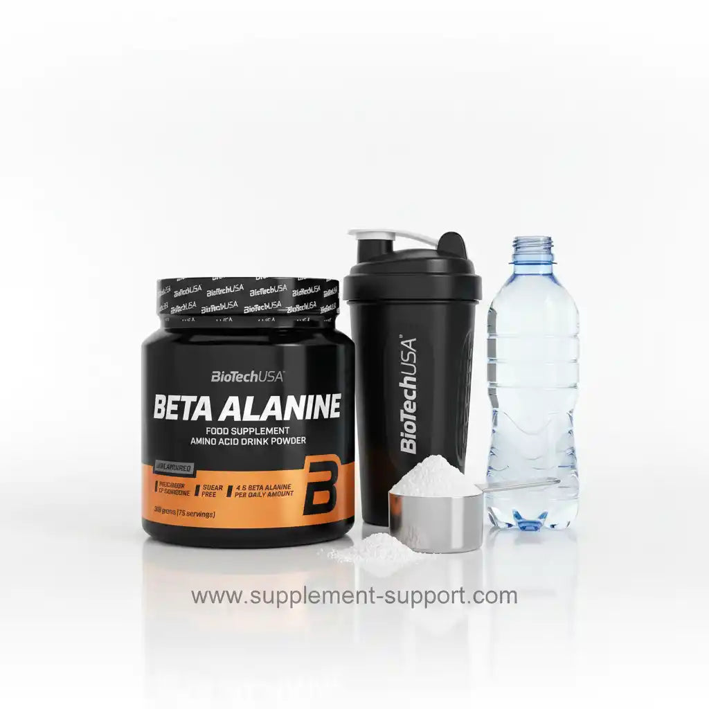 Beta Alanin Aminosäure Pulver von BioTechUSA mit Shaker und Wasser – ideal für Sportler und Fitness