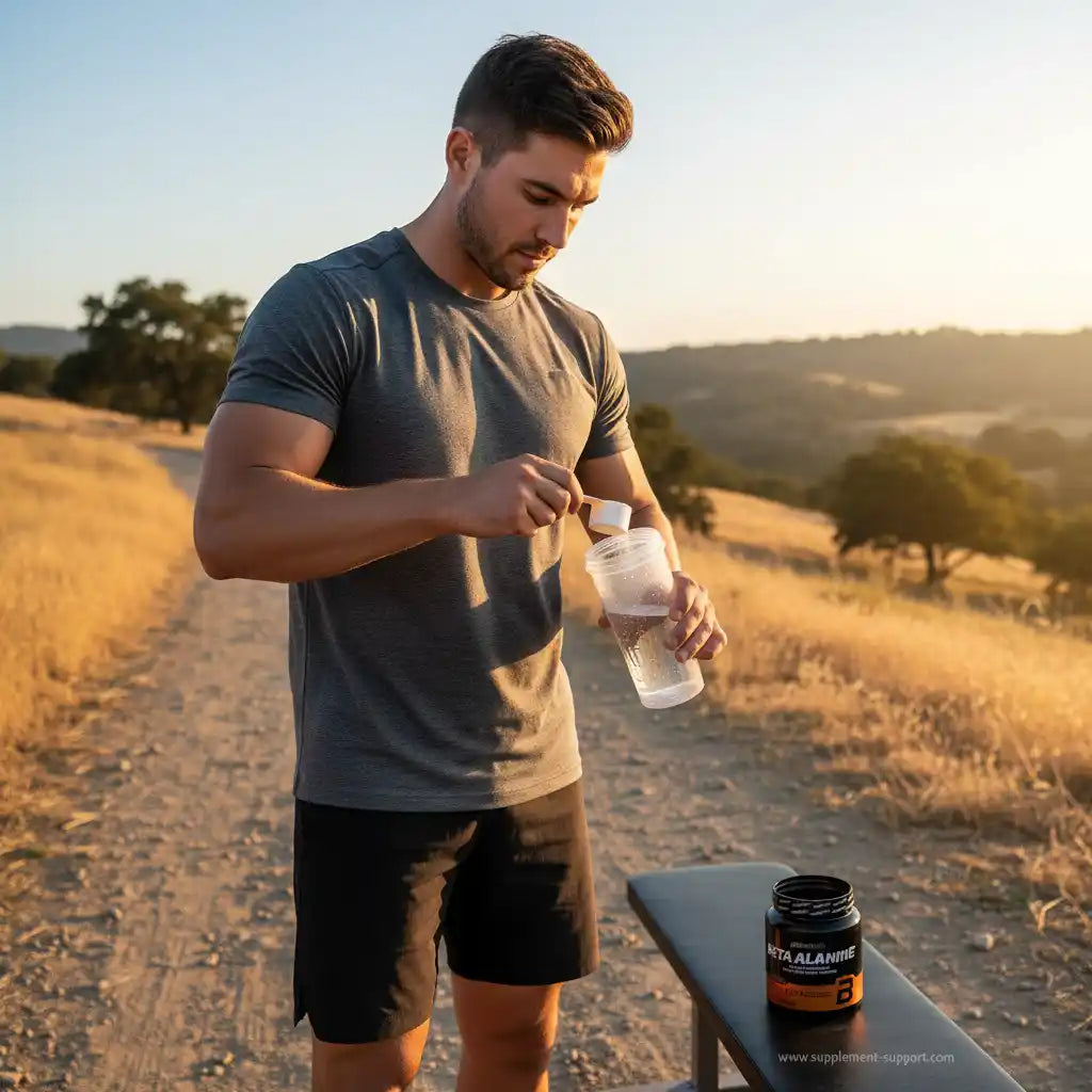 Athlet mischt Beta-Alanin-Pulver in Shakerflasche im Freien – ideal für Fitness & Sportnahrung