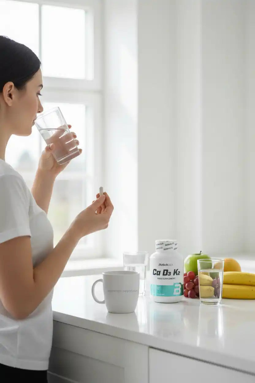 Frau nimmt Nahrungsergänzungsmittel mit einem Glas Wasser in einer hellen Küche ein.