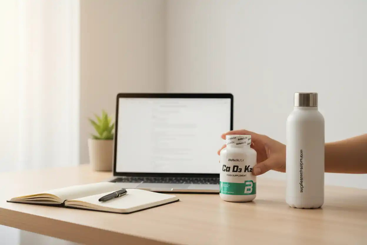 Hand hält BiotechUSA Ca D3 K2 Nahrungsergänzungsmittel vor Laptop und Trinkflasche auf dem Schreibtisch.