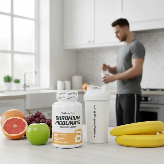 Chromium Picolinate Nahrungsergänzungsmittel mit Obst in einer Küche.