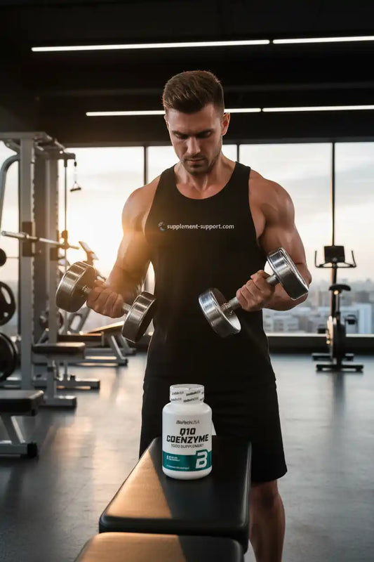 Muskulöser Mann mit Hanteln im Fitnessstudio neben Coenzym Q10 Nahrungsergänzung