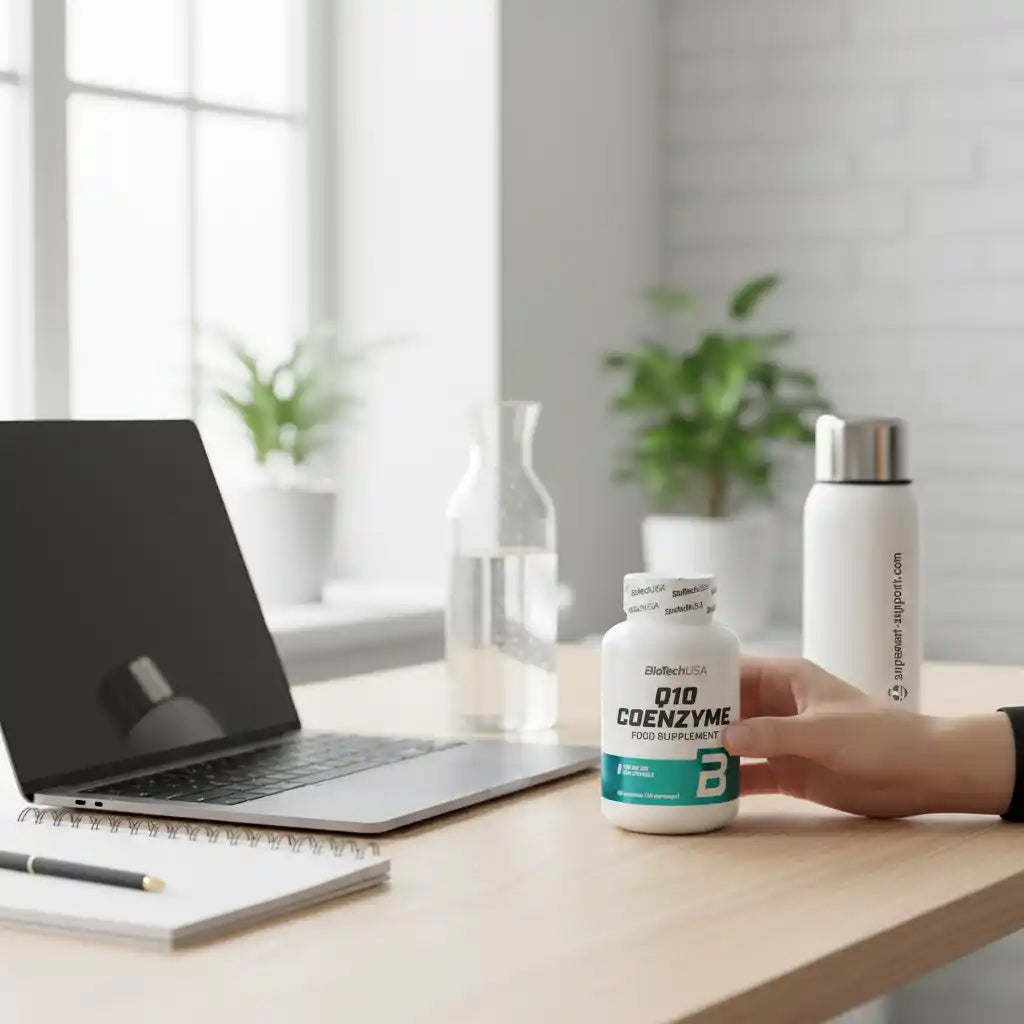 Q10 Coenzym Nahrungsergänzungsmittel auf Schreibtisch neben Laptop und Wasserflasche