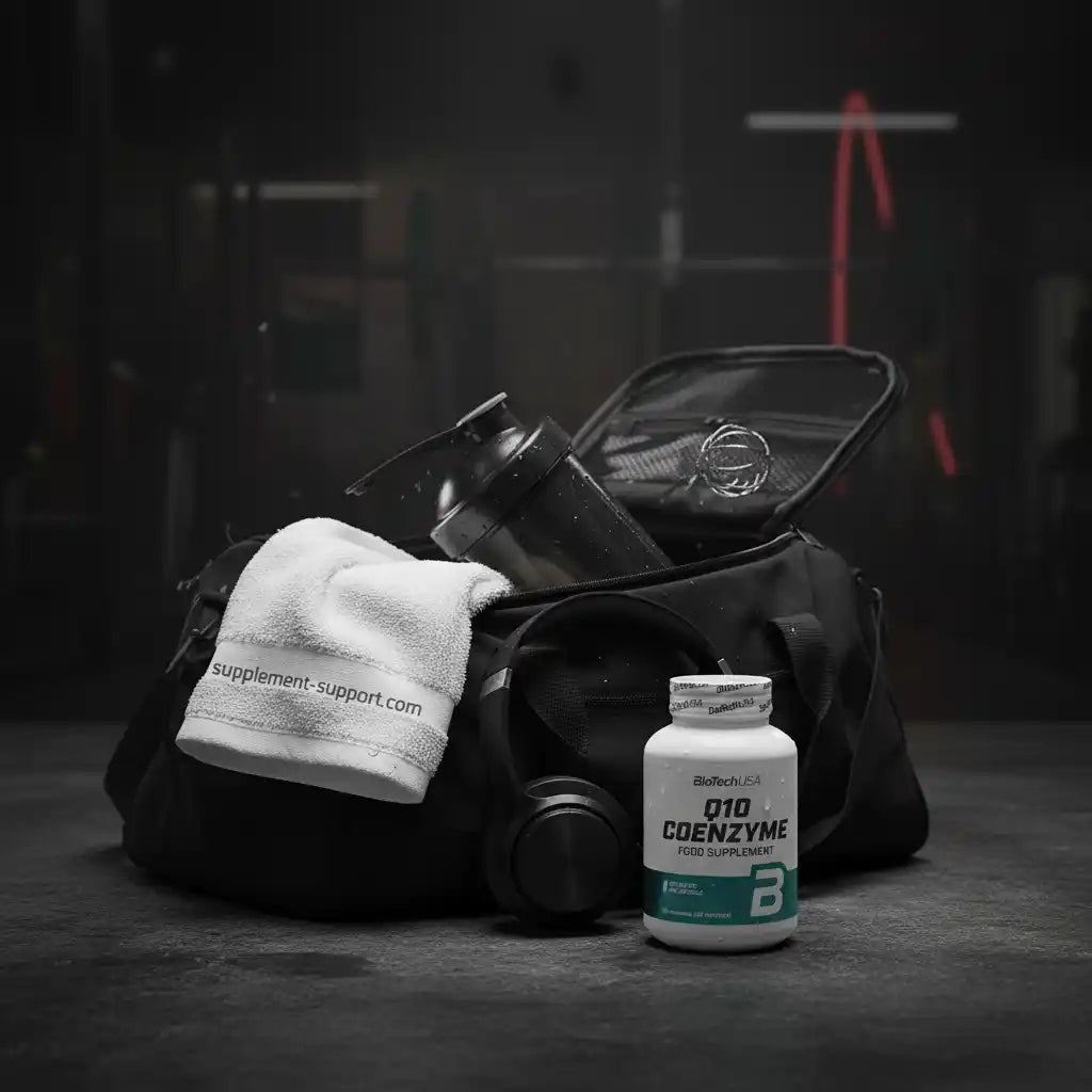 Q10 Coenzym Ergänzungsmittel neben Fitness-Tasche mit Shaker und Handtuch