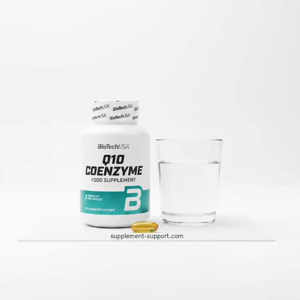 BioTechUSA Q10 Coenzym Nahrungsergänzungsmittel mit Kapsel und Wasserglas