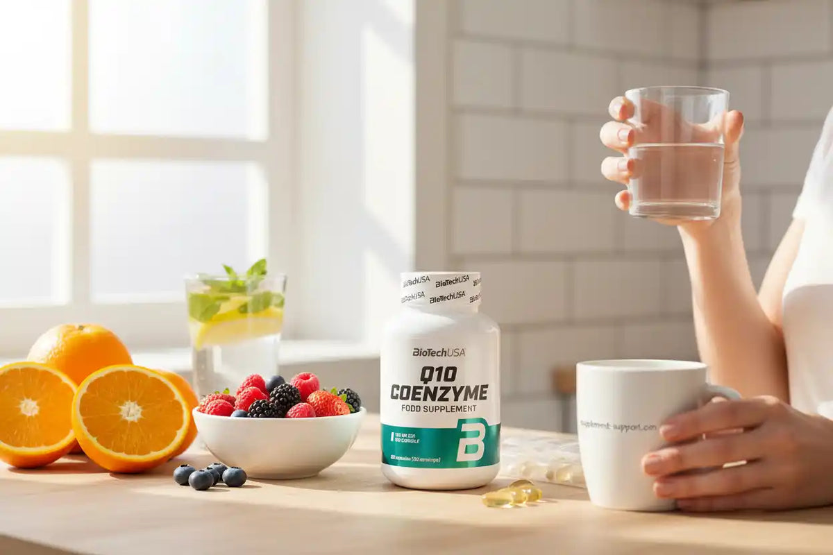 Q10 Coenzym Nahrungsergänzung mit frischen Beeren und Orangen auf Holztisch