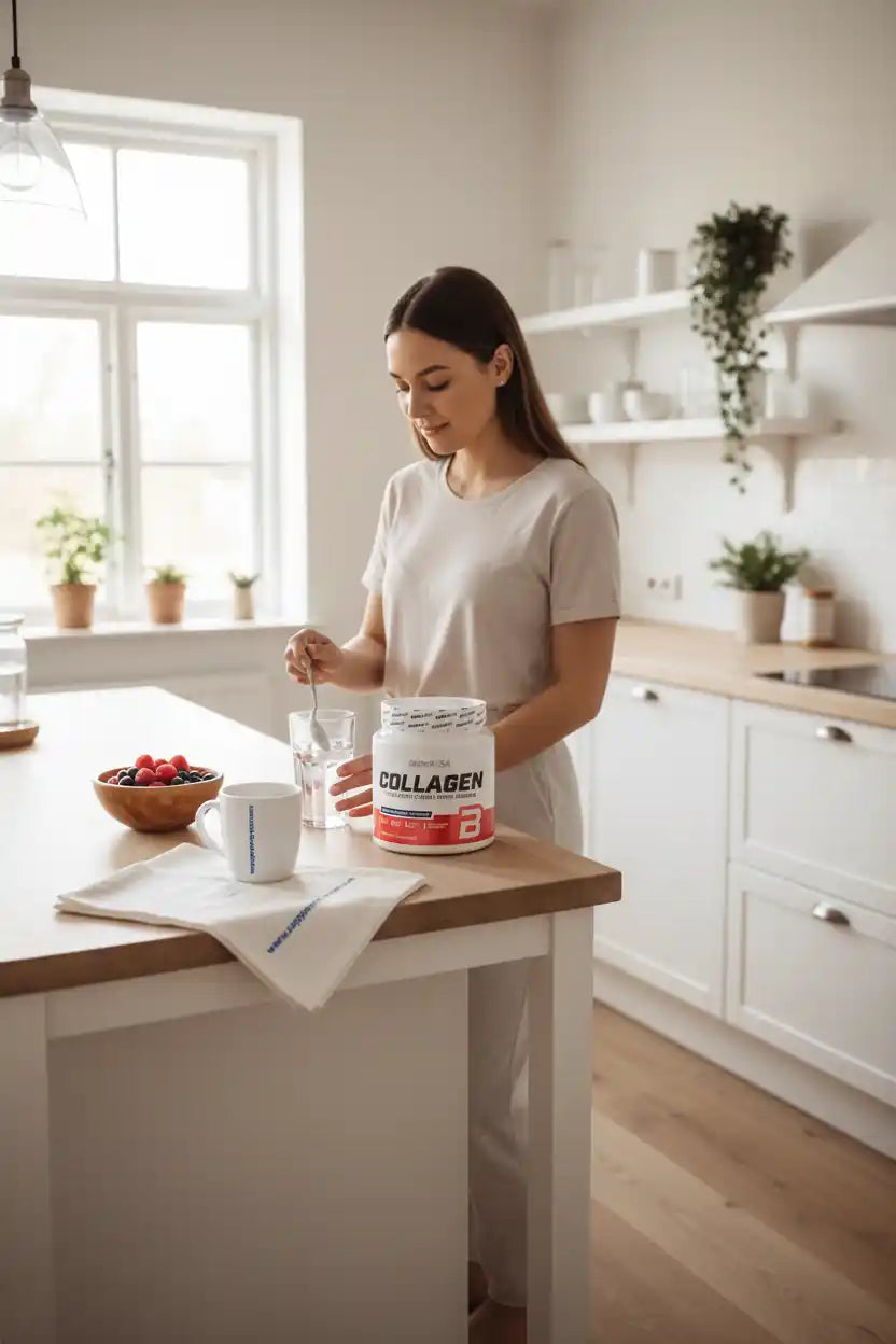Frau bereitet Collagen-Pulver in der Küche zu – Nahrungsergänzung für Sportler und Fitness