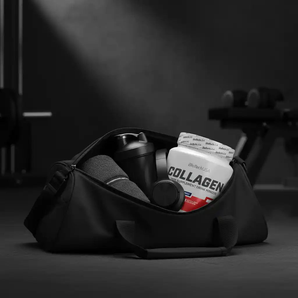 Collagen-Supplement in Sporttasche mit Shaker für Fitness und Training