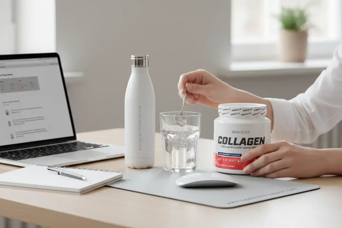Person rührt Kollagen-Pulver in Wasser ein, neben Laptop und Trinkflasche – Sportnahrung & Nahrungsergänzung