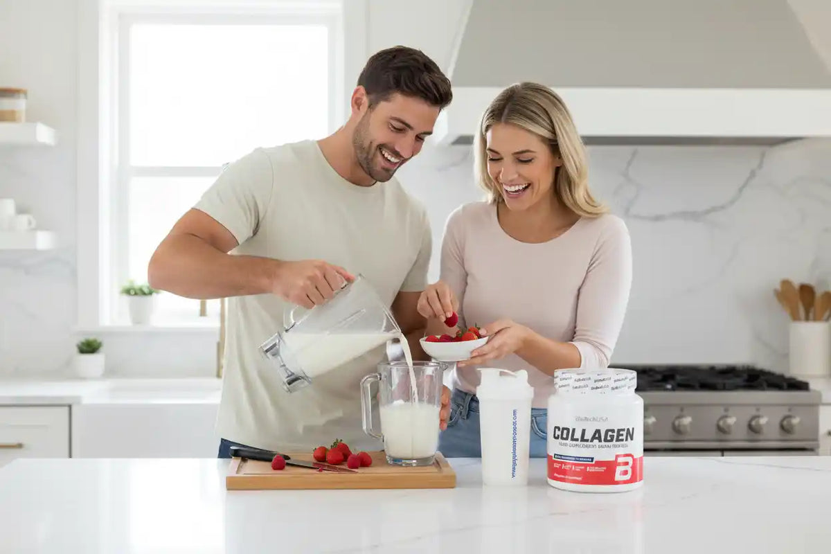 Paar bereitet Proteinshake mit Collagen und Erdbeeren in moderner Küche zu