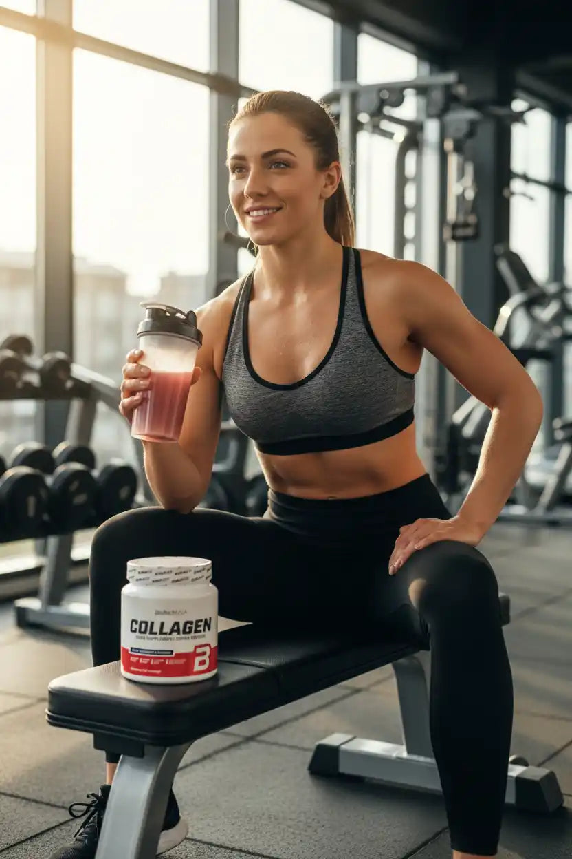 Frau im Fitnessstudio mit Collagen-Getränk und Supplement-Dose, ideal für Sportler und Fitness-Enthusiasten