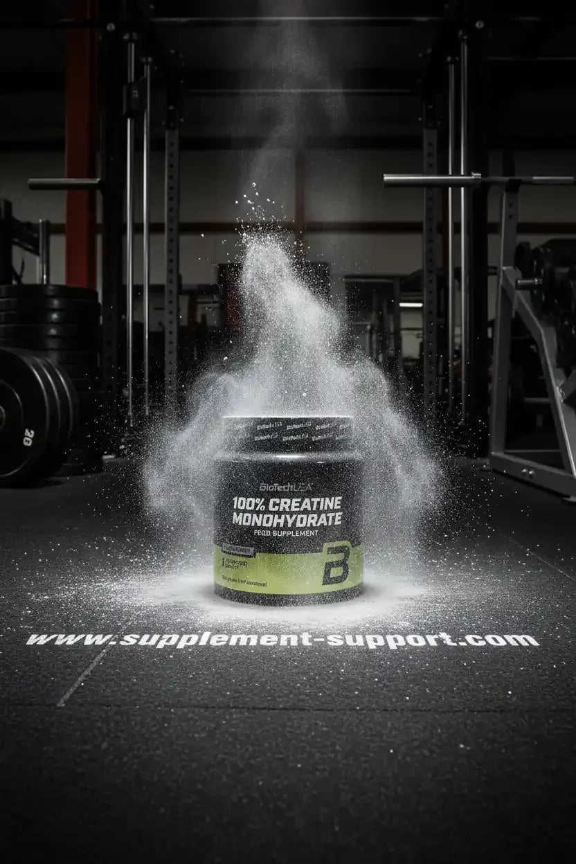 Dose mit 100% Kreatin-Monohydrat in einem Fitnessstudio mit aufwirbelndem Pulver.